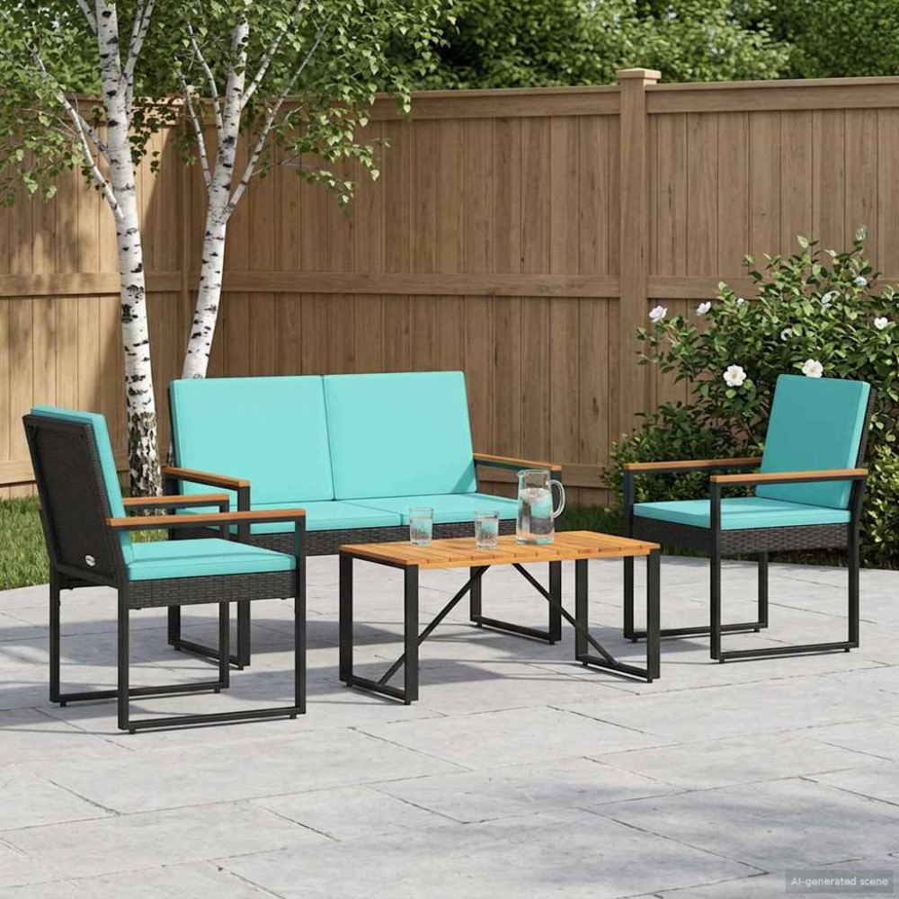 vidaXL Utemöbelset med kudde 4 pcs Svart och turkos konstrotting