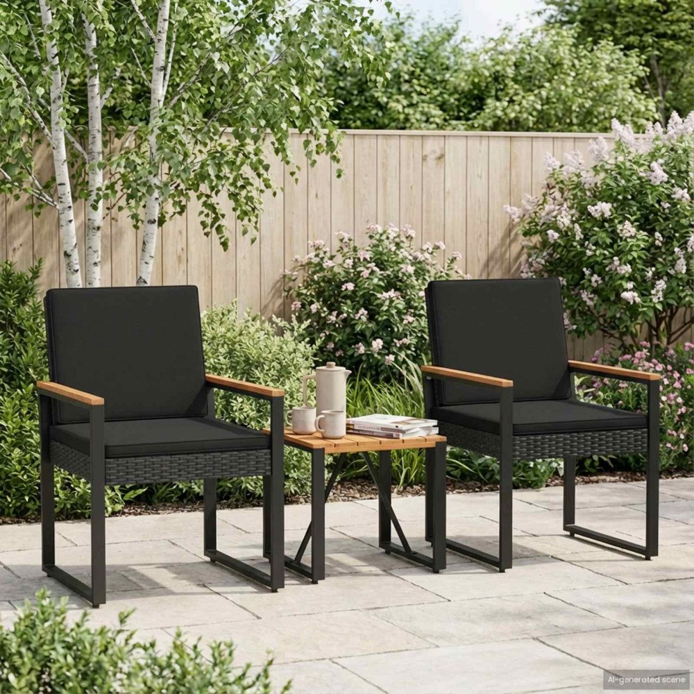 vidaXL Utemöbelset med kudde 3 pcs Svart konstrotting
