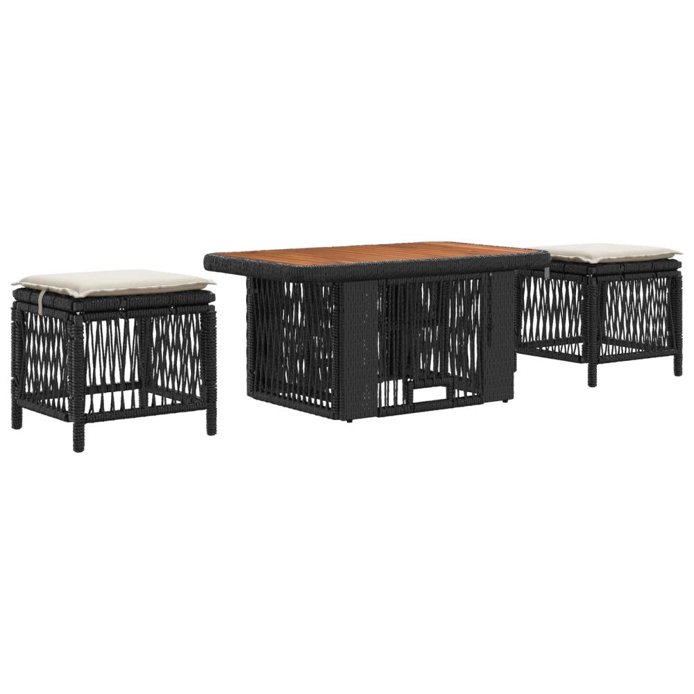 vidaXL Trädgårdsmöbelset med kudde 3 pcs Svart och kräm konstrotting