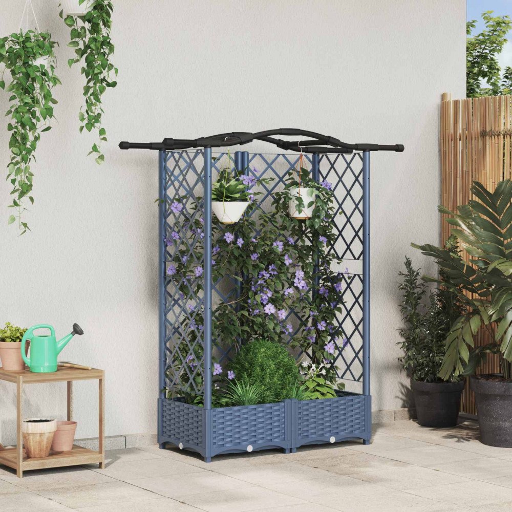 vidaXL Upphöjd Bädd med Spaljé och Tak Grå 124 x 40 x 126 cm PP