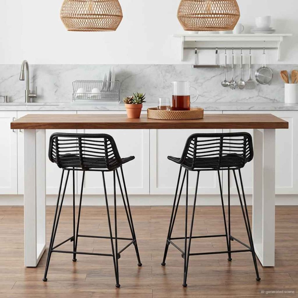 vidaXL Barpall 2 pcs Svart 44 x 45 x 76 cm Rattan och Stål