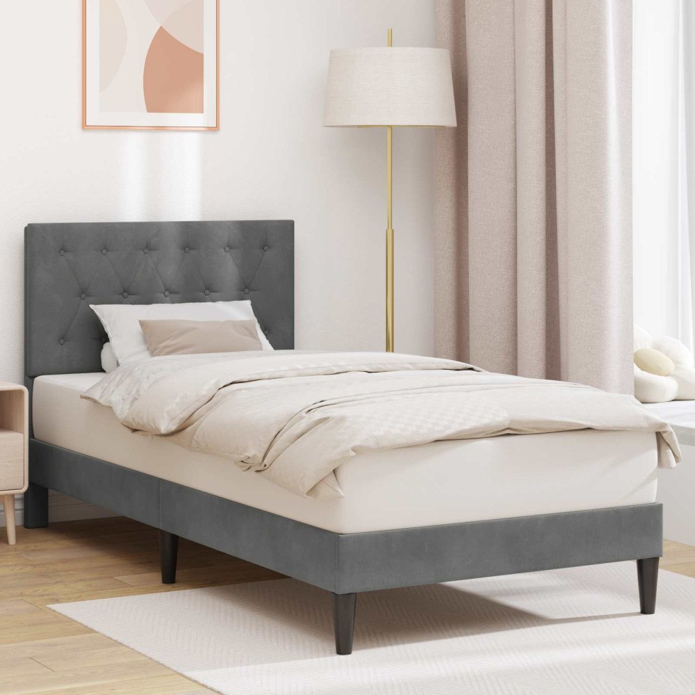 vidaXL Sängram med huvudgavel Mörkgrå 90 x 200 cm Sammet
