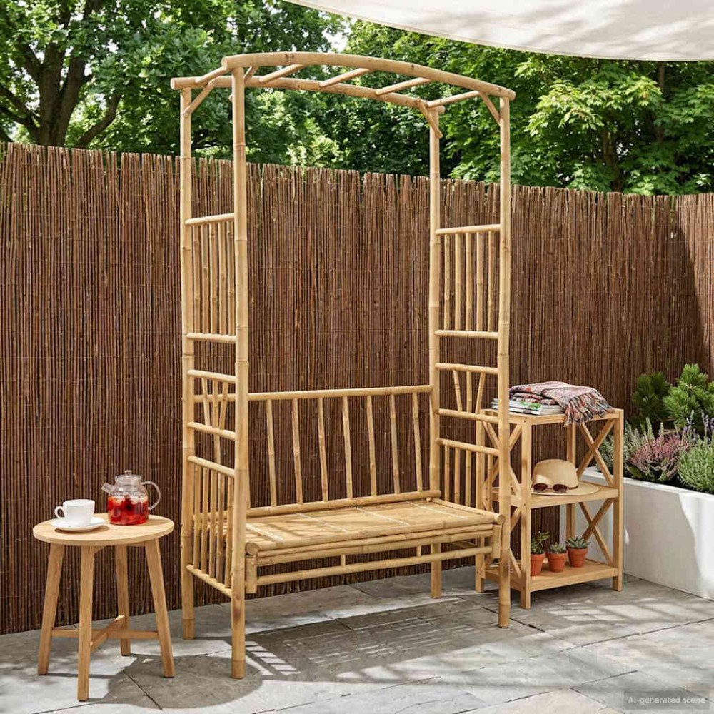 vidaXL Trädgårdsbåge med bänk Naturfärg 115 x 50 x 205 cm Bambus