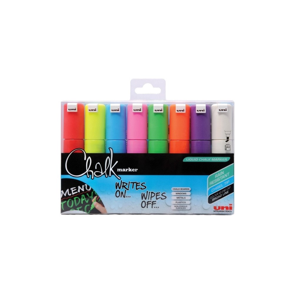 Uni-Ball Kritmarkör Uni-Ball, sned, ass. färger, förpackning med 8 st