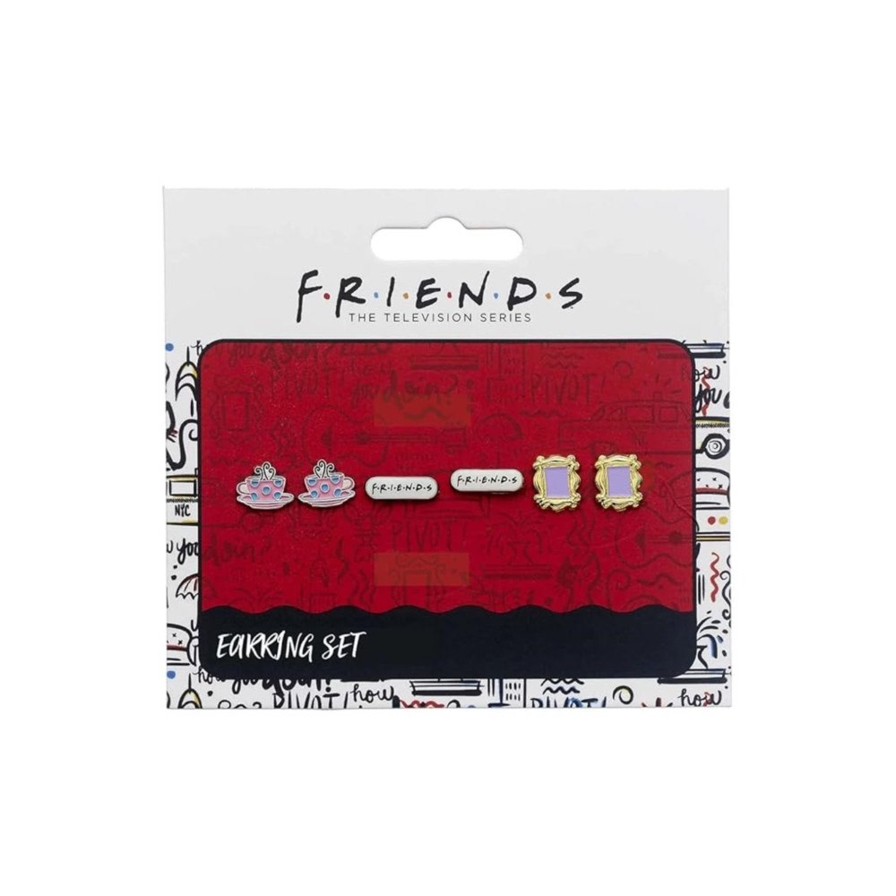 THE CARAT SHOP FRIENDS TV Show Set of 3 Earring Studs; Frame, Coffee Cup, & FRIENDS Logo