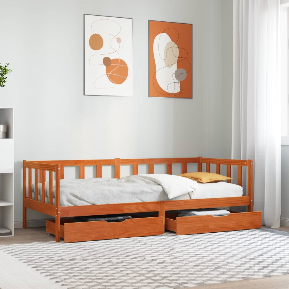 vidaXL Sängsoffa med huvudgavel med låda 3 pcs Vaxbrun Massiv furu