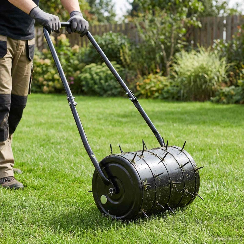vidaXL Gräsmattoroller med Aerator Klämmor Svart 110 x 52 cm Järn