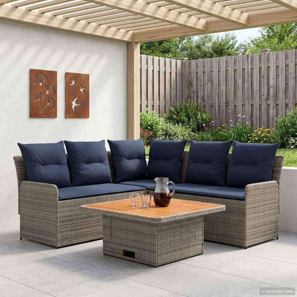 vidaXL Möbelset med kudde 4 pcs Grå och Marinblå PE Rattan