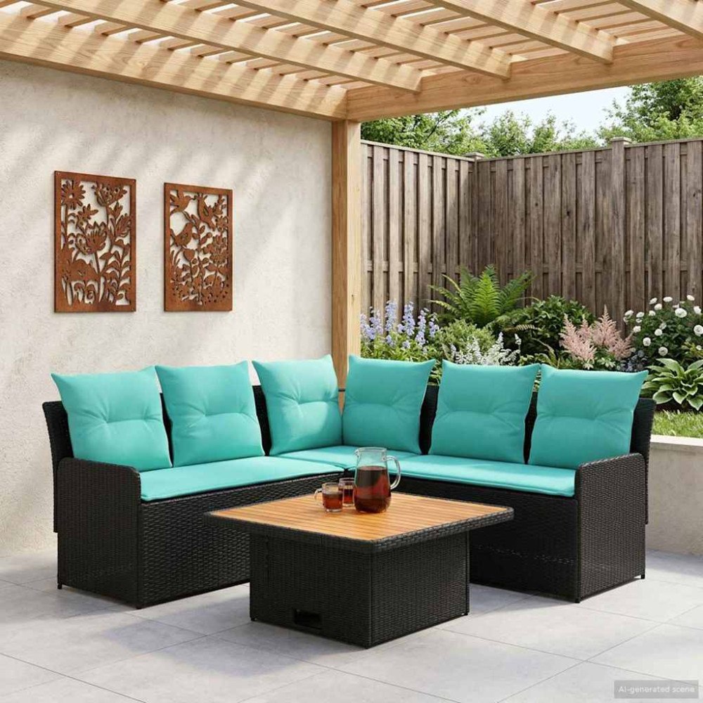 vidaXL Möbelset med kudde 4 pcs Svart och turkos PE Rattan