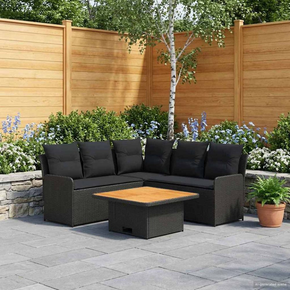 vidaXL Möbelset med kudde 6 pcs Svart PE Rattan