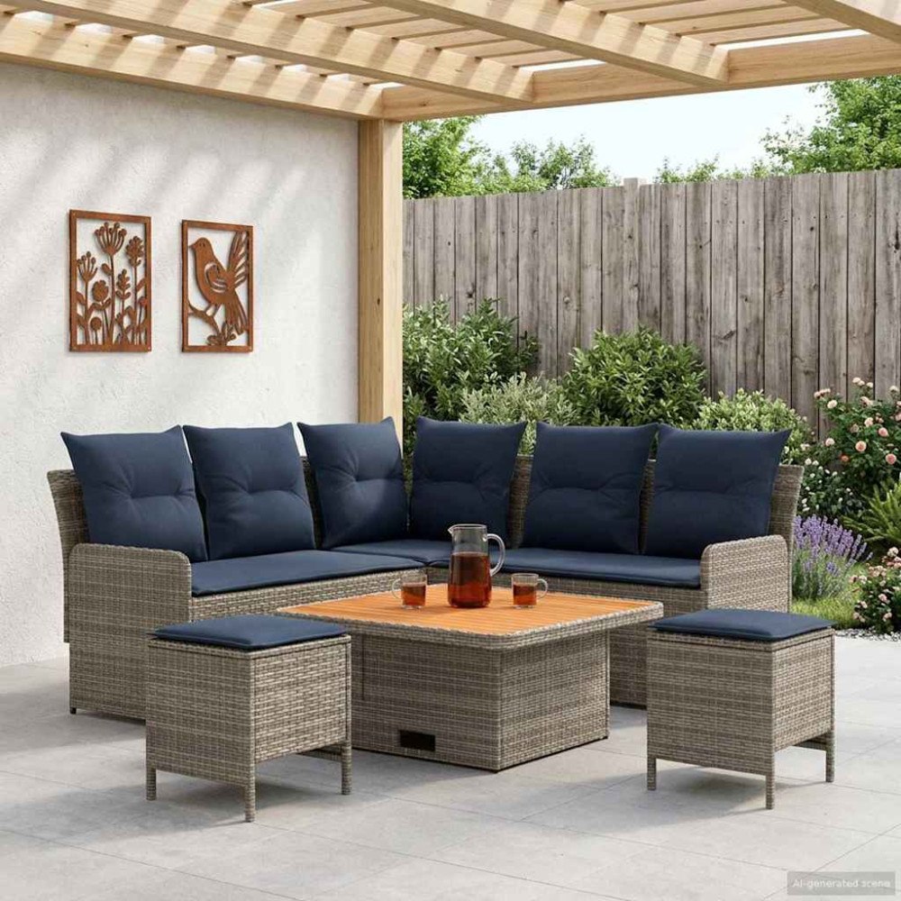 vidaXL Möbelset med kudde 6 pcs Grå och Marinblå PE Rattan