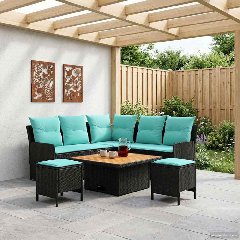 vidaXL Möbelset med kudde 6 pcs Svart och turkos PE Rattan