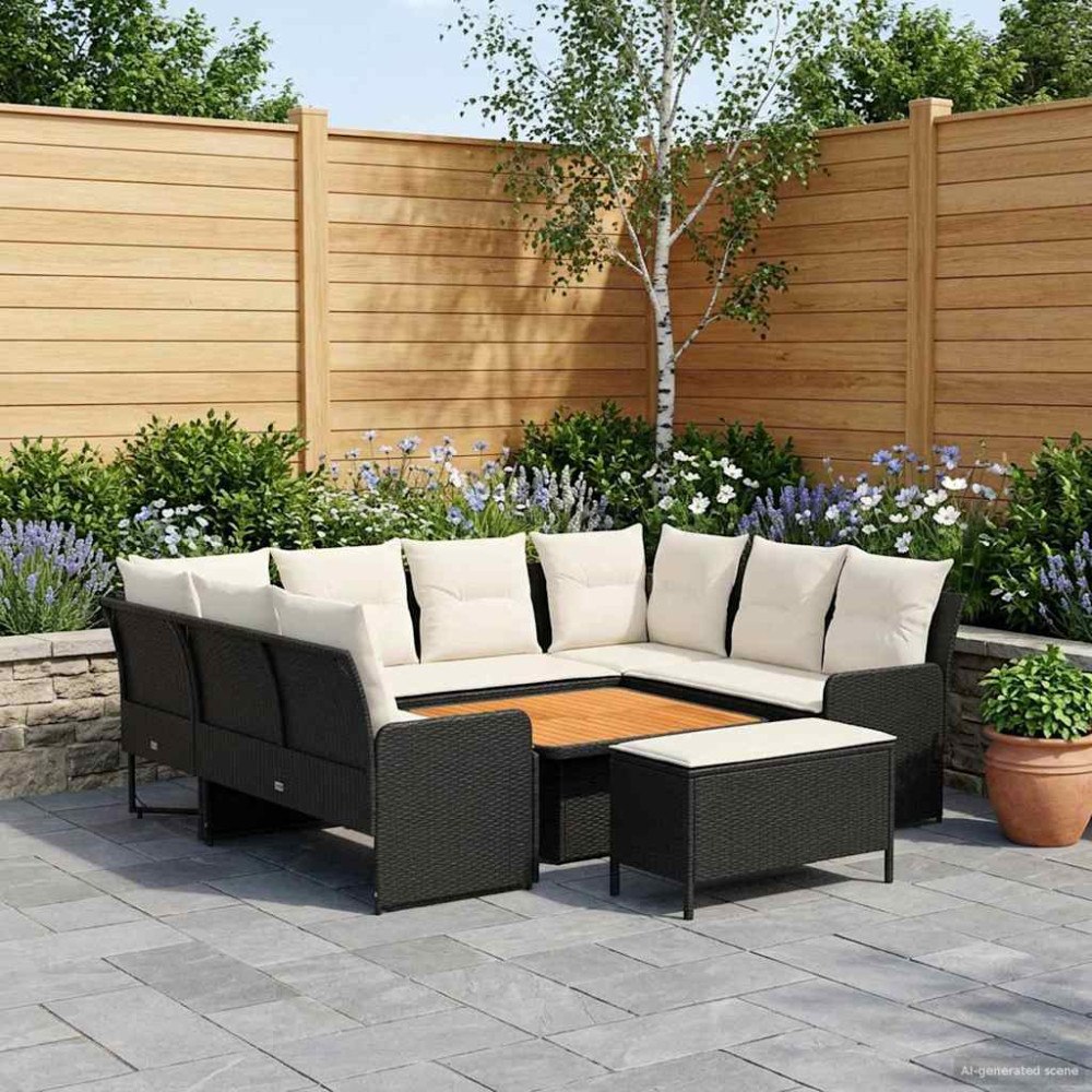 vidaXL Möbelset med kudde 7 pcs Svart och kräm PE Rattan