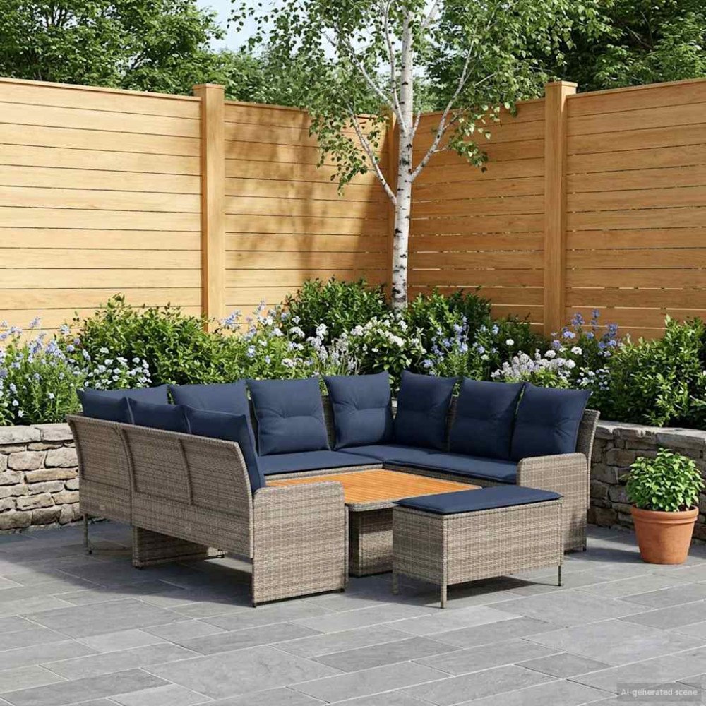 vidaXL Möbelset med kudde 7 pcs Grå och Marinblå PE Rattan