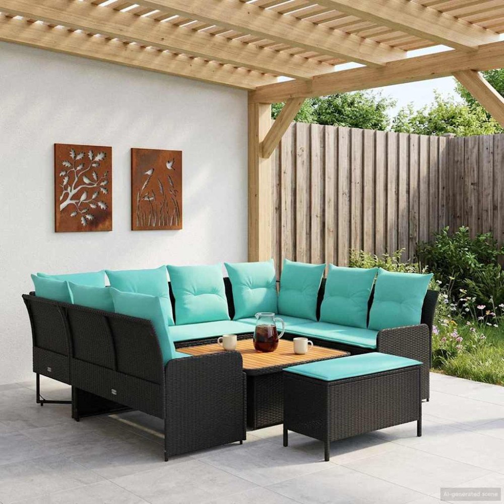 vidaXL Möbelset med kudde 7 pcs Svart och turkos PE Rattan