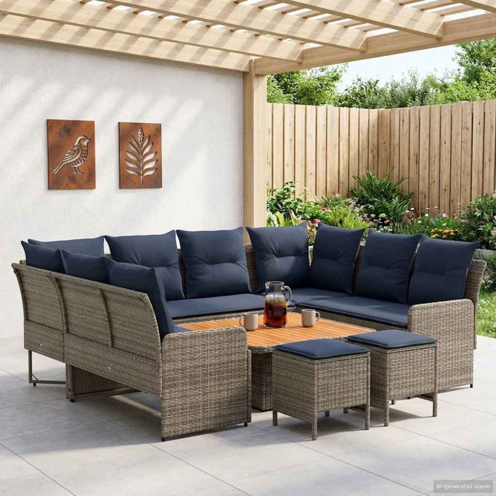 vidaXL Möbelset med kudde 8 pcs Grå och Marinblå PE Rattan