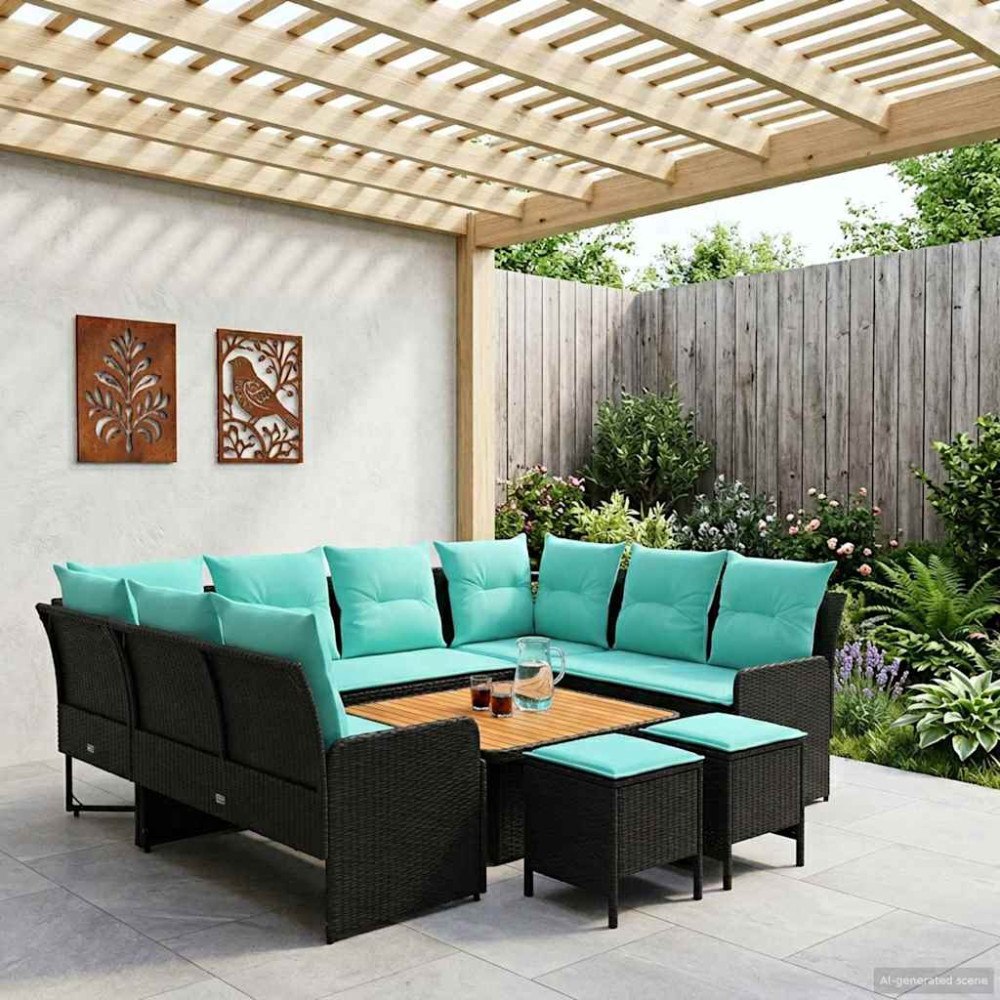 vidaXL Möbelset med kudde 8 pcs Svart och turkos PE Rattan