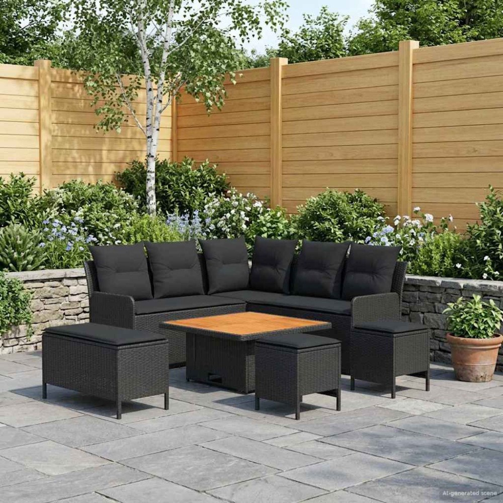 vidaXL Möbelset med kudde 7 pcs Svart PE Rattan