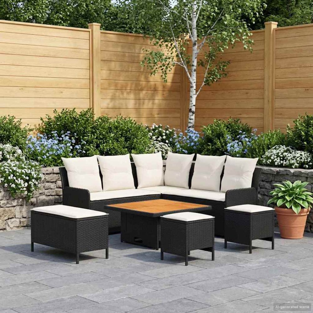 vidaXL Möbelset med kudde 7 pcs Svart och kräm PE Rattan