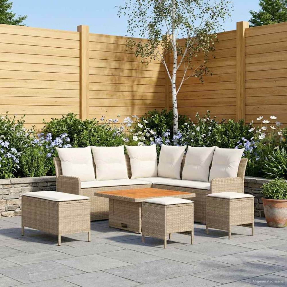 vidaXL Möbelset med kudde 7 pcs Beige och gräddfärgad PE Rattan