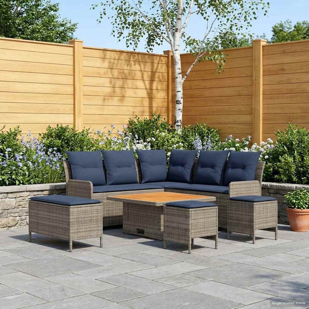 vidaXL Möbelset med kudde 7 pcs Grå och Marinblå PE Rattan