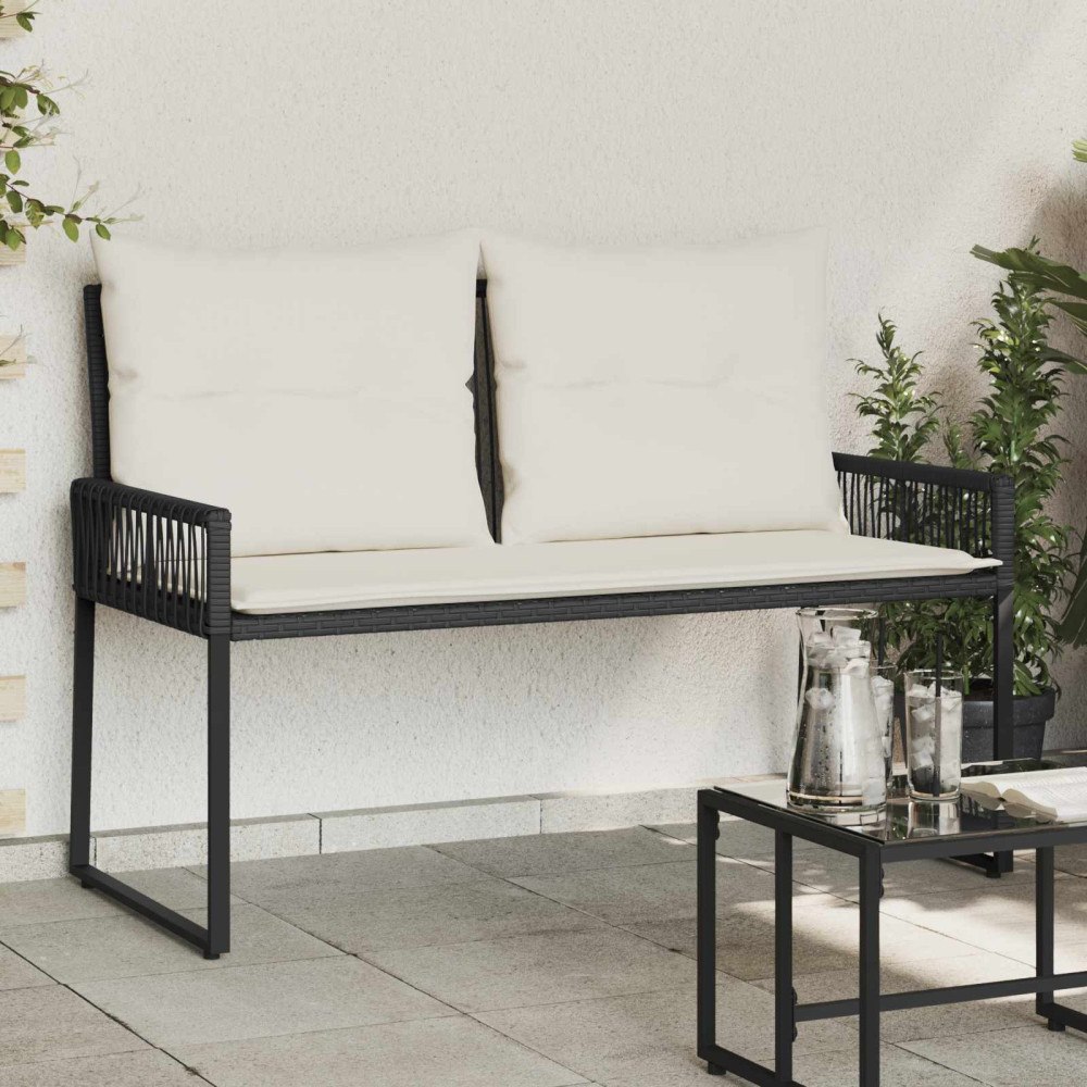 vidaXL Utomhusbänk med kudde 4 pcs Svart och krämvit konstrotting