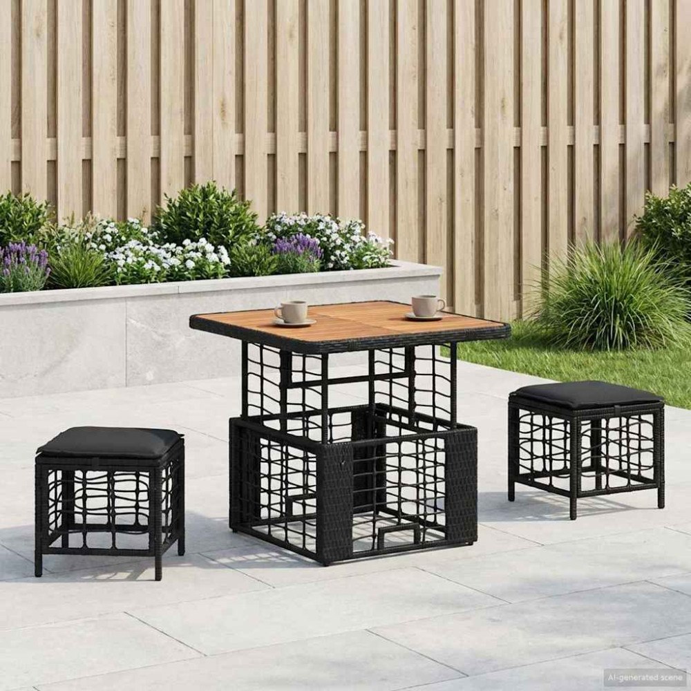 vidaXL Trädgårdsmöbelset 3 pcs Svart och Grå Poly Rattan och Akaciaträ