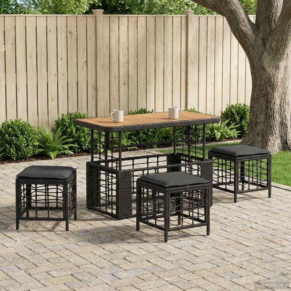 vidaXL Trädgårdsmöbelset 4 pcs Svart och Grå Poly Rattan och Akaciaträ