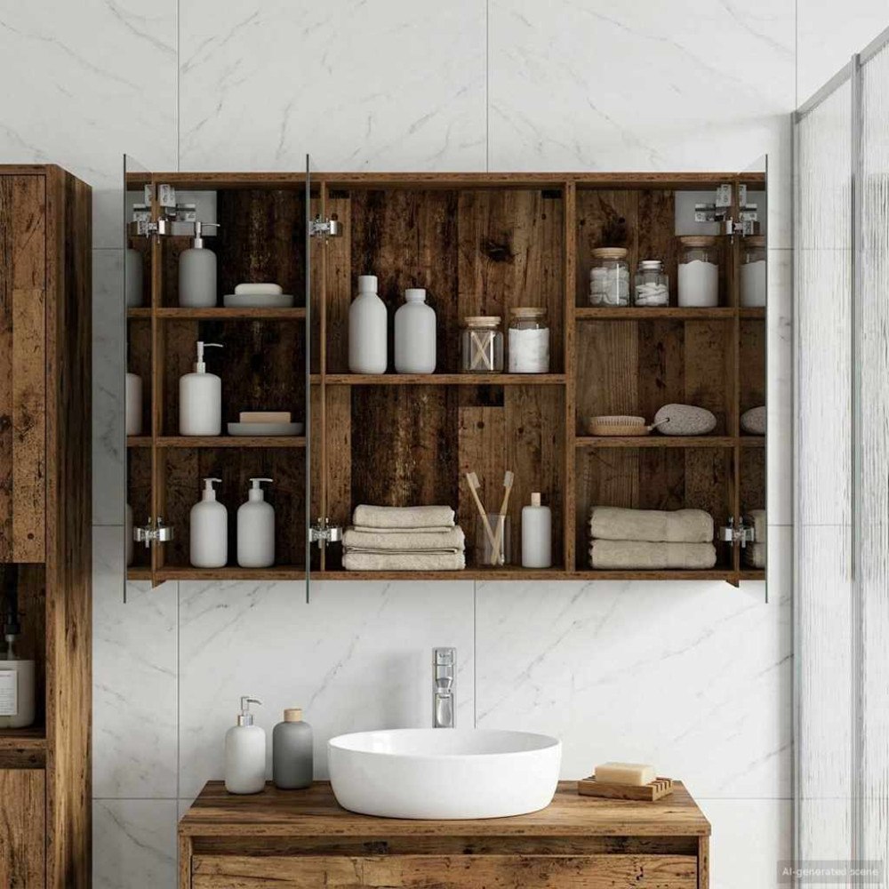 vidaXL Badrumsspegelskåp med hylla Gammalt trä 100 x 14,5 x 70 cm