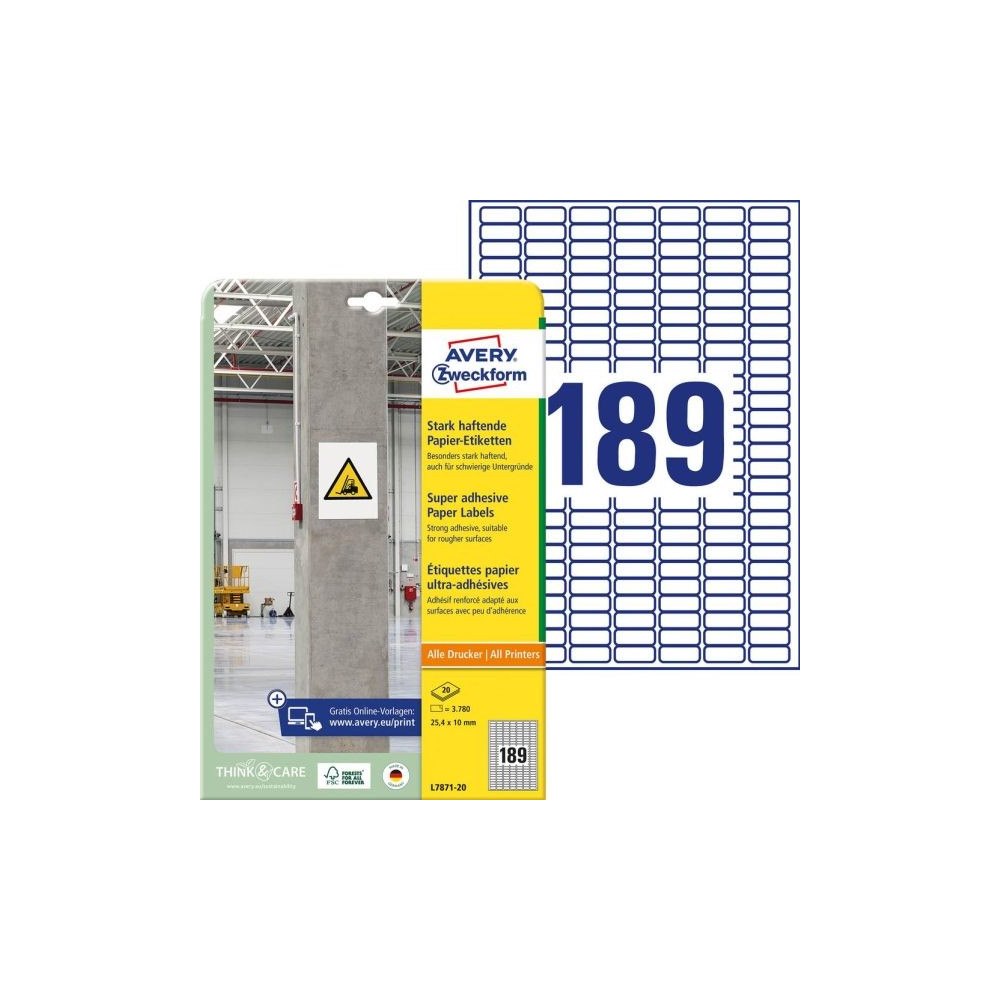 AVERY Avery L7871-20, Vit, Rektangel, Permanent, DIN A4, papper, L...