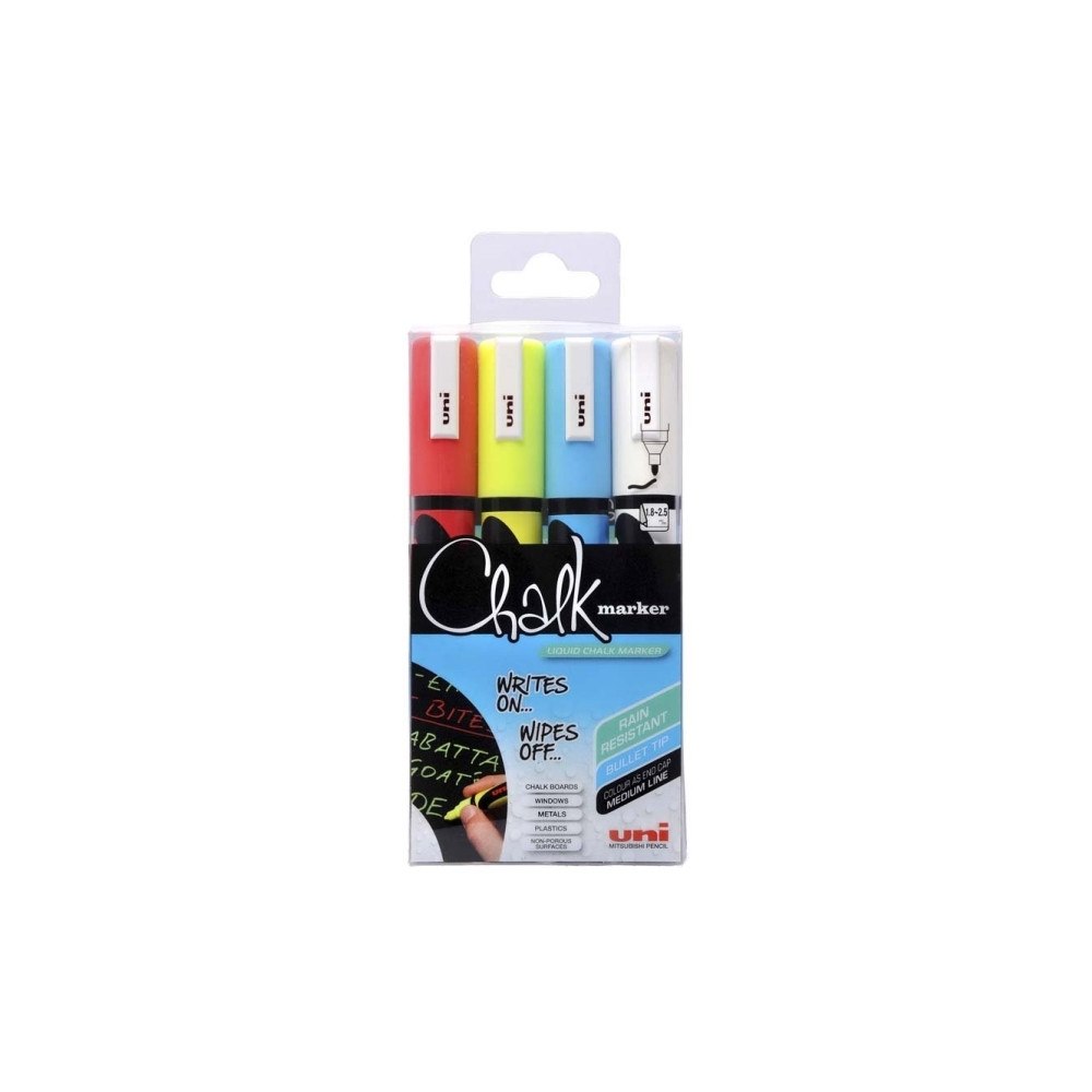 Uni-Ball Uni Chalk - markering - röd, blå, vit, fluorescerande gul (paket om 4)