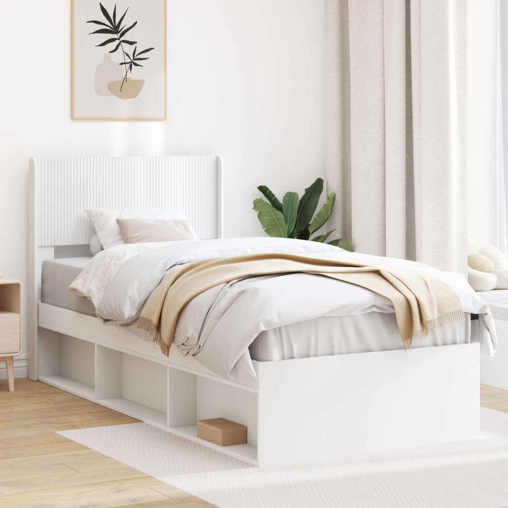 vidaXL Sängram med förvaring och huvudgavel Vit 100 x 200 cm