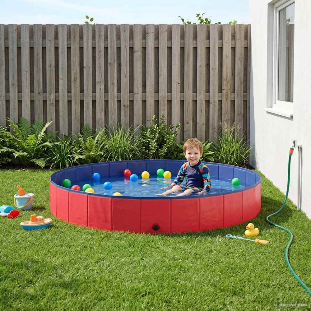 vidaXL Barn Sim Pool Röd Ø200 x 30 cm Tjock PVC och Konstruerat Trä
