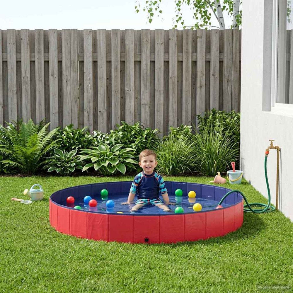 vidaXL Barn Sim Pool Röd Ø300 x 38 cm Tjock PVC och Konstruerat Trä