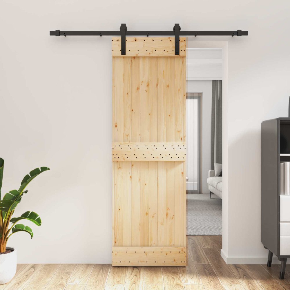 vidaXL Skjutdörr Naturlig och svart 70 x 210 cm Massiv furuträdörr