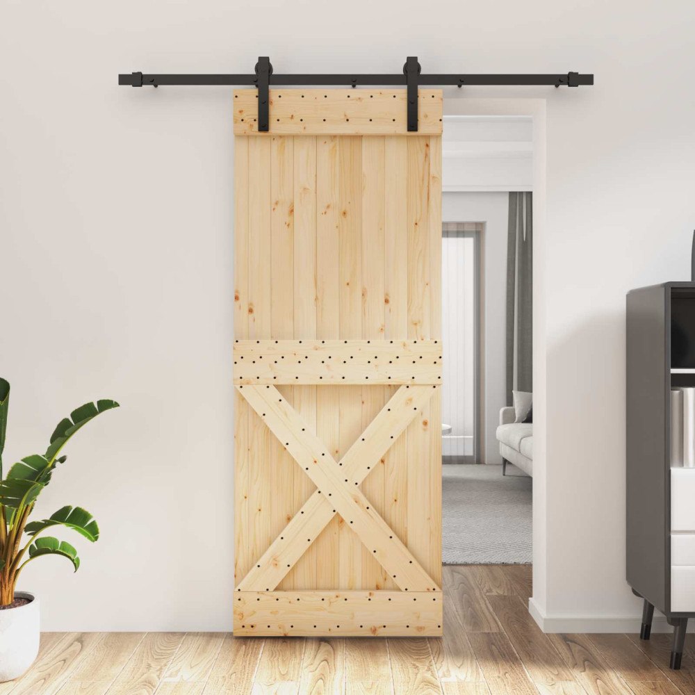 vidaXL Skjutdörr Naturlig och svart 80 x 210 cm Massiv furuträdörr