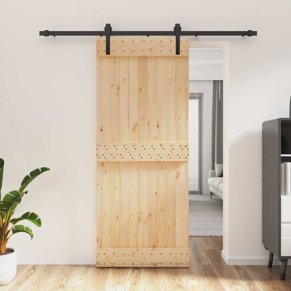 vidaXL Skjutdörr Naturlig och svart 85 x 210 cm Massiv furuträdörr