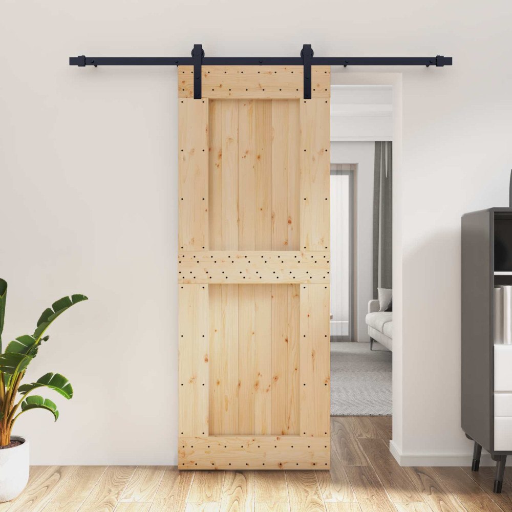 vidaXL Skjutdörr Naturlig och svart 80 x 210 cm Massiv furuträdörr