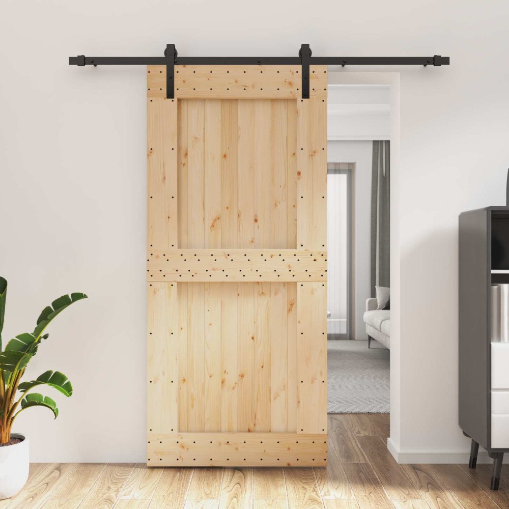 vidaXL Skjutdörr Naturlig och svart 95 x 210 cm Massiv furuträdörr