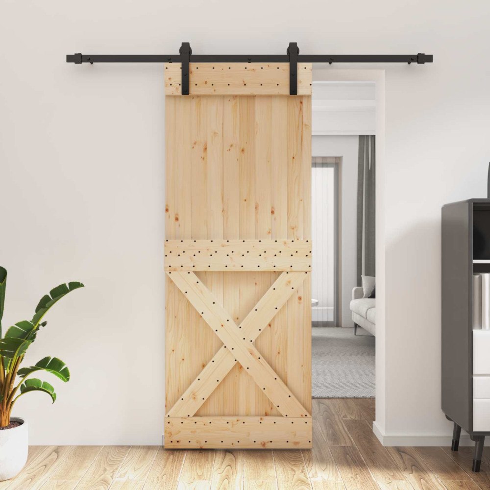 vidaXL Skjutdörr Naturlig och svart 80 x 210 cm Massiv furuträdörr