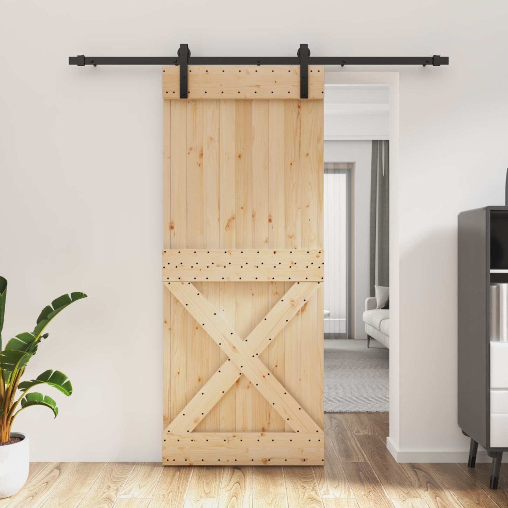 vidaXL Skjutdörr Naturlig och svart 85 x 210 cm Massiv furuträdörr