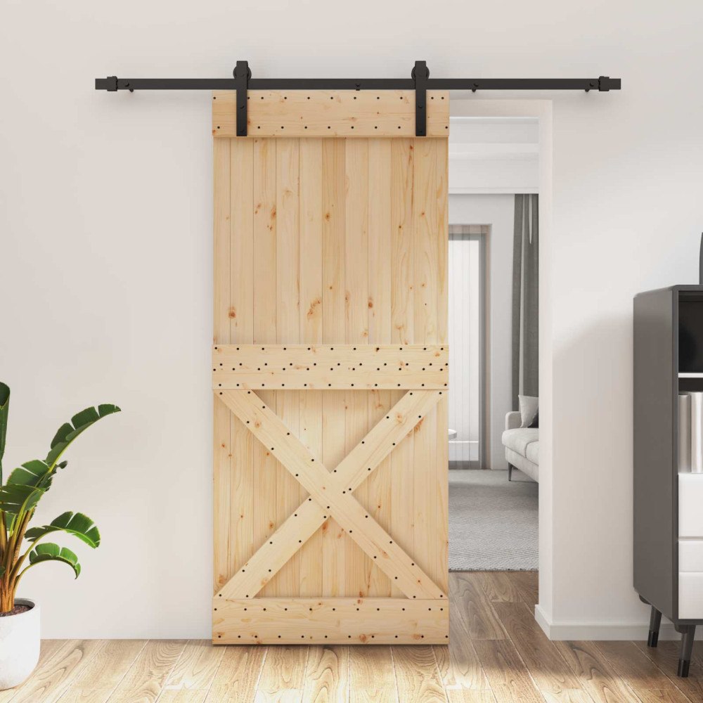 vidaXL Skjutdörr Naturlig och svart 90 x 210 cm Massiv furuträdörr