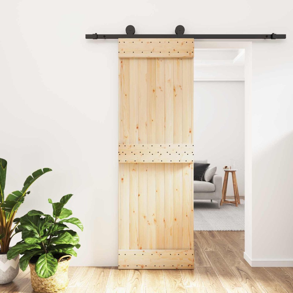 vidaXL Skjutdörr Naturlig och svart 70 x 210 cm Massiv furuträdörr