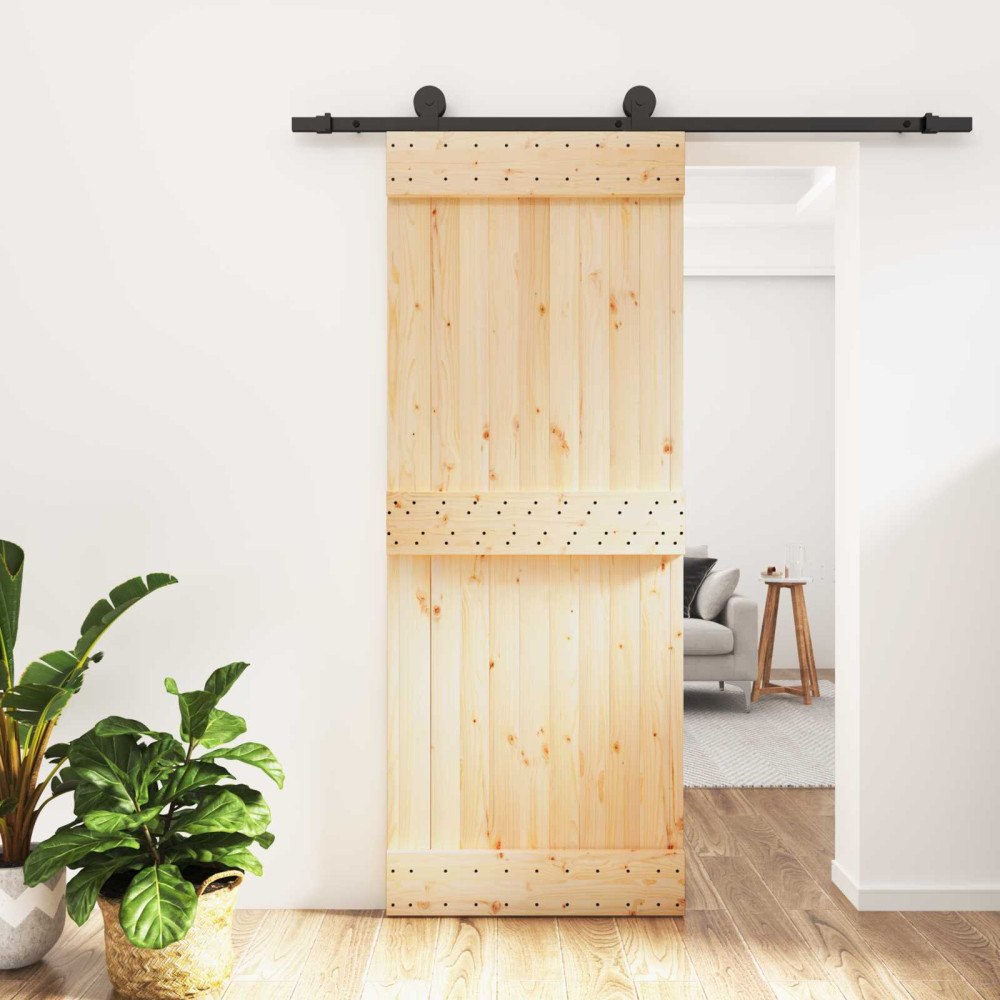 vidaXL Skjutdörr Naturlig och svart 80 x 210 cm Massiv furuträdörr