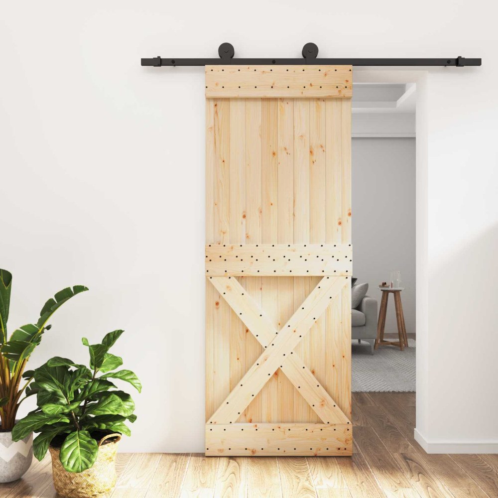 vidaXL Skjutdörr Naturlig och svart 80 x 210 cm Massiv furuträdörr