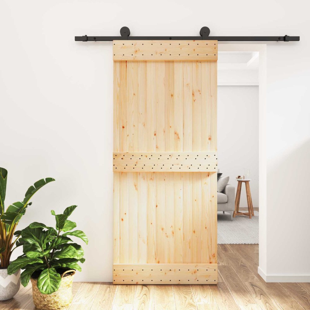 vidaXL Skjutdörr Naturlig och svart 90 x 210 cm Massiv furuträdörr