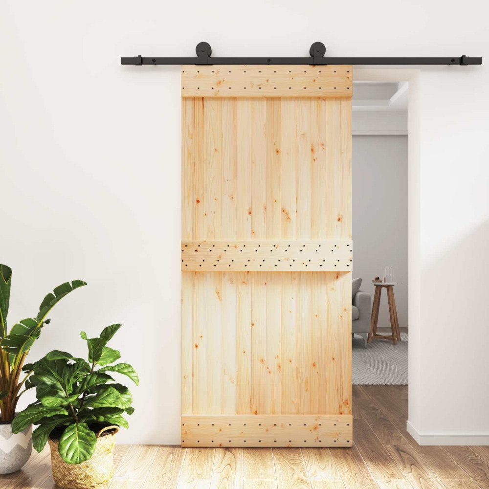 vidaXL Skjutdörr Naturlig och svart 95 x 210 cm Massiv furuträdörr
