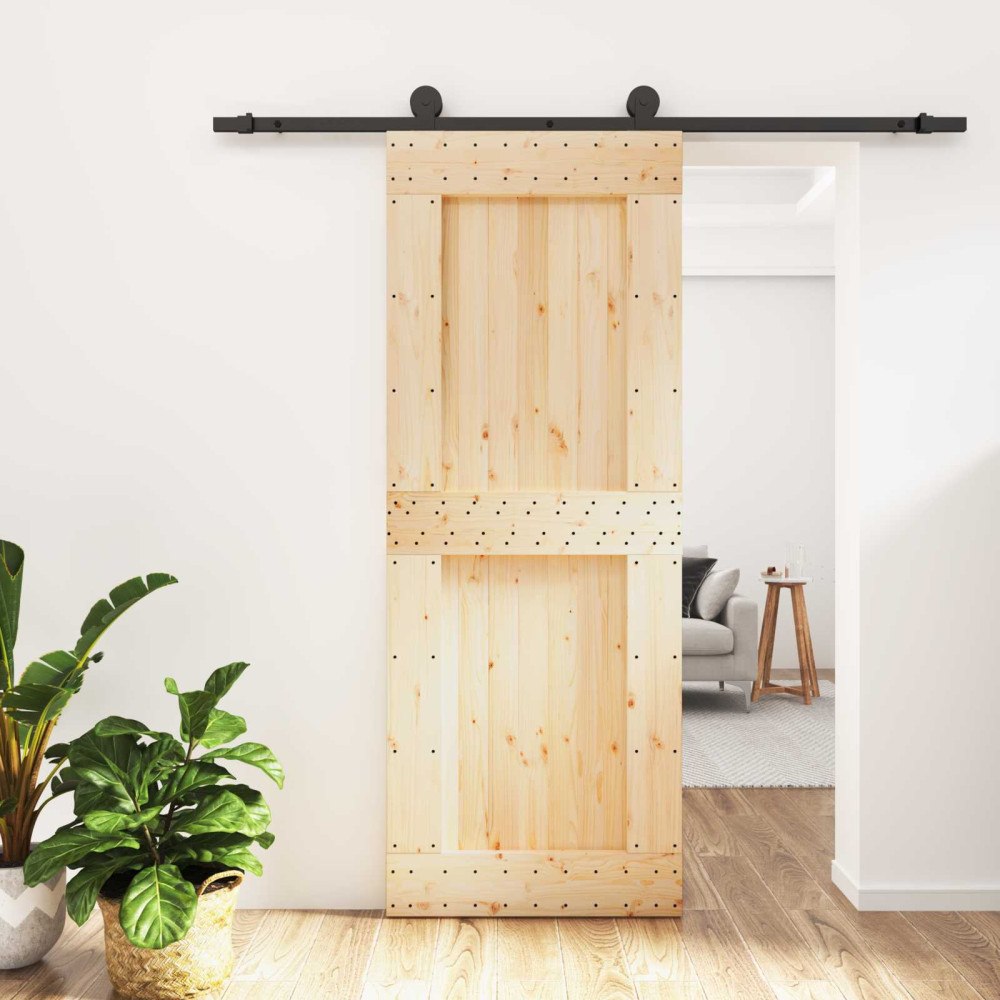 vidaXL Skjutdörr Naturlig och svart 80 x 210 cm Massiv furuträdörr