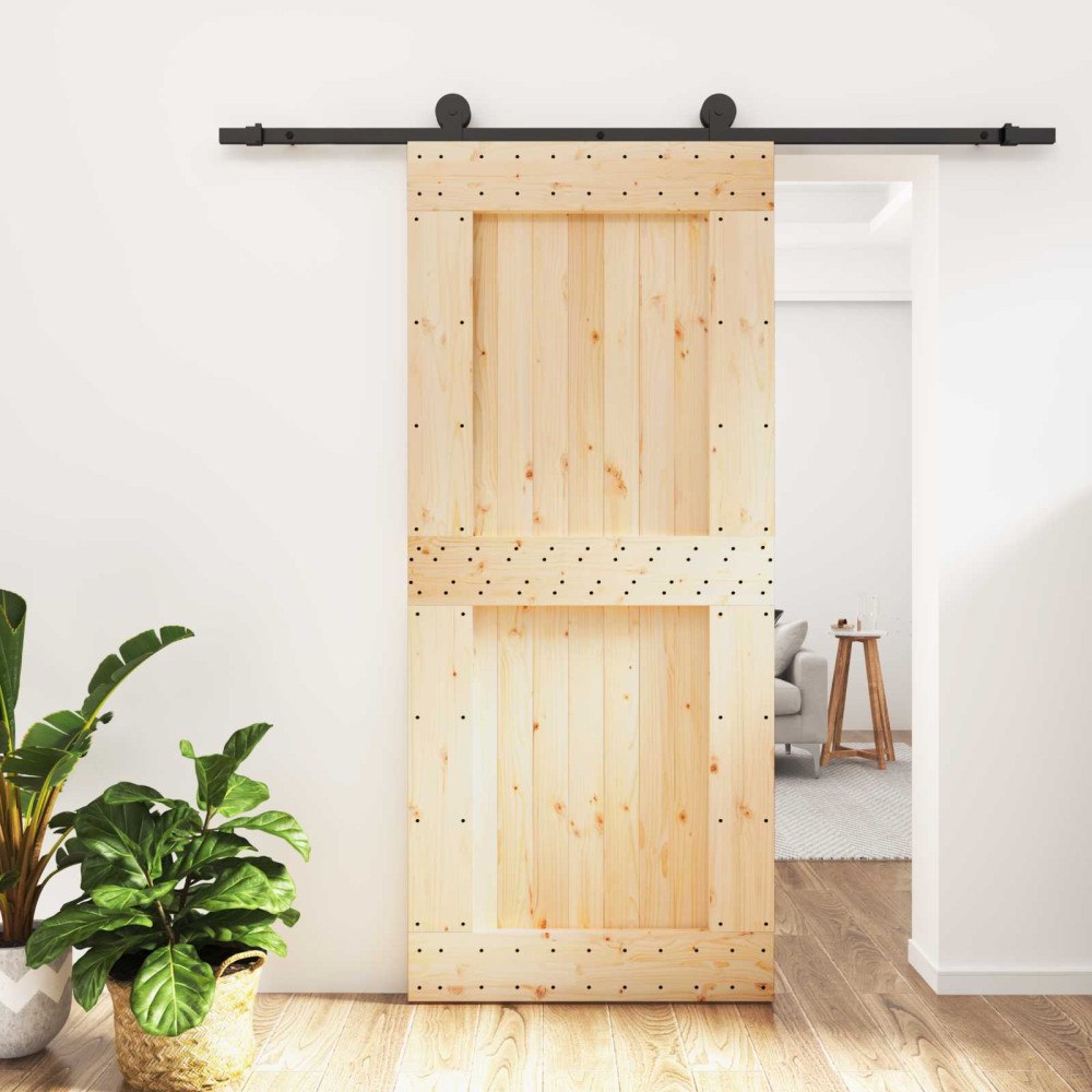 vidaXL Skjutdörr Naturlig och svart 90 x 210 cm Massiv furuträdörr