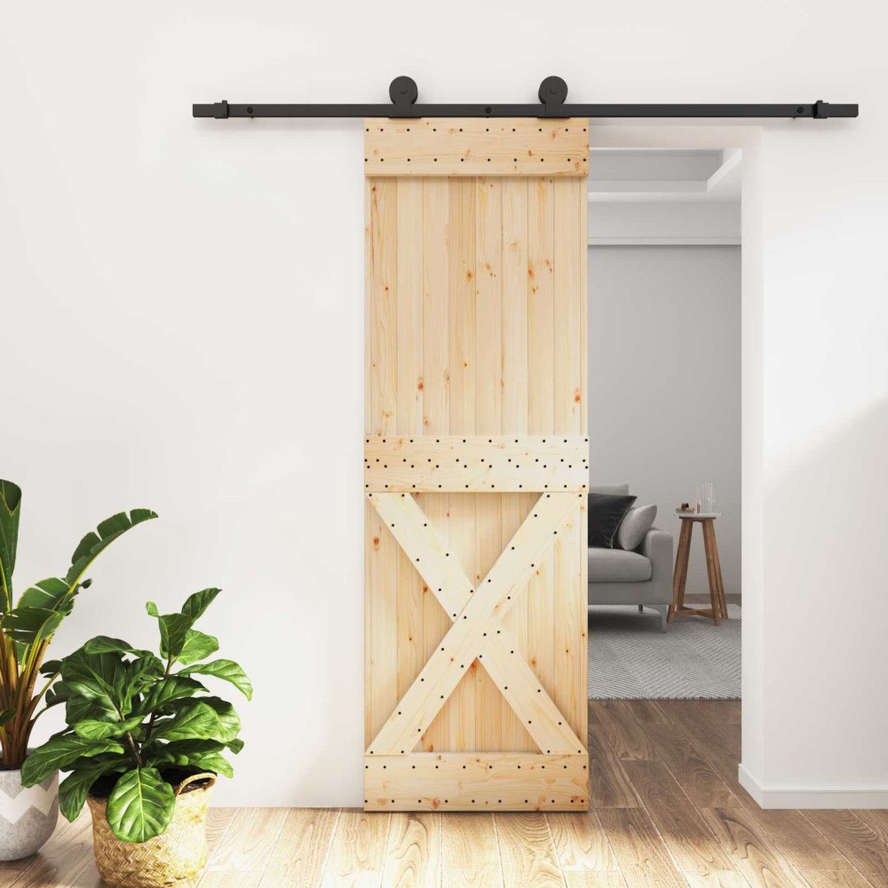 vidaXL Skjutdörr Naturlig och svart 70 x 210 cm Massiv furuträdörr